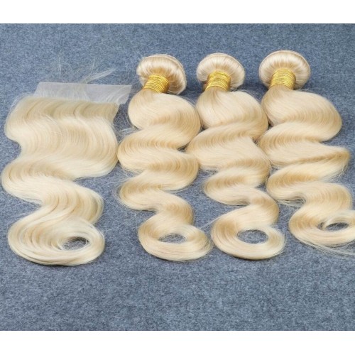 Russian Body Wave Natural Blonde #613 Lace Closure 4x4 Light blonde style European Fashion 1 piece 
